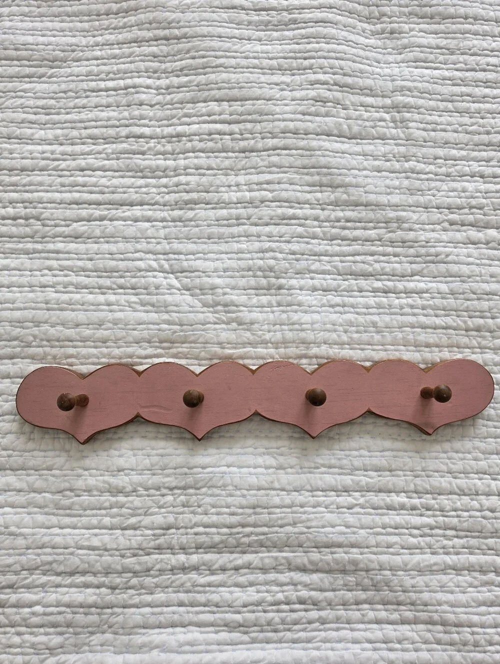 Vintage Cottagecore Scalloped Wooden Wall Coat Rack | Hand Painted Pink Peg Rack